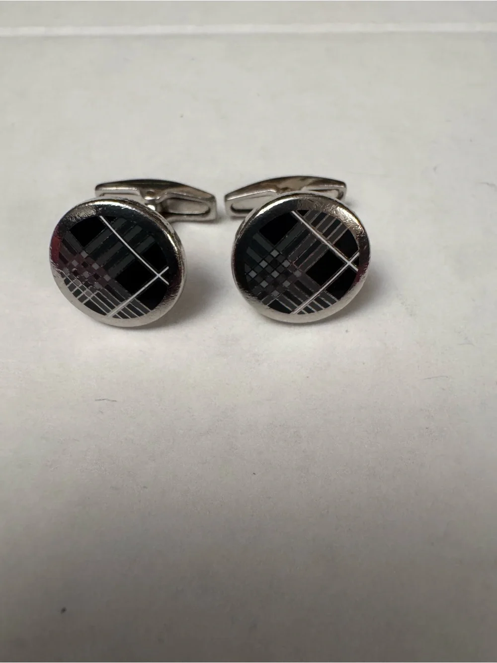 Authentic Vintage Burberry Round Nova Check Enamel Cufflinks - Silver-Tone
